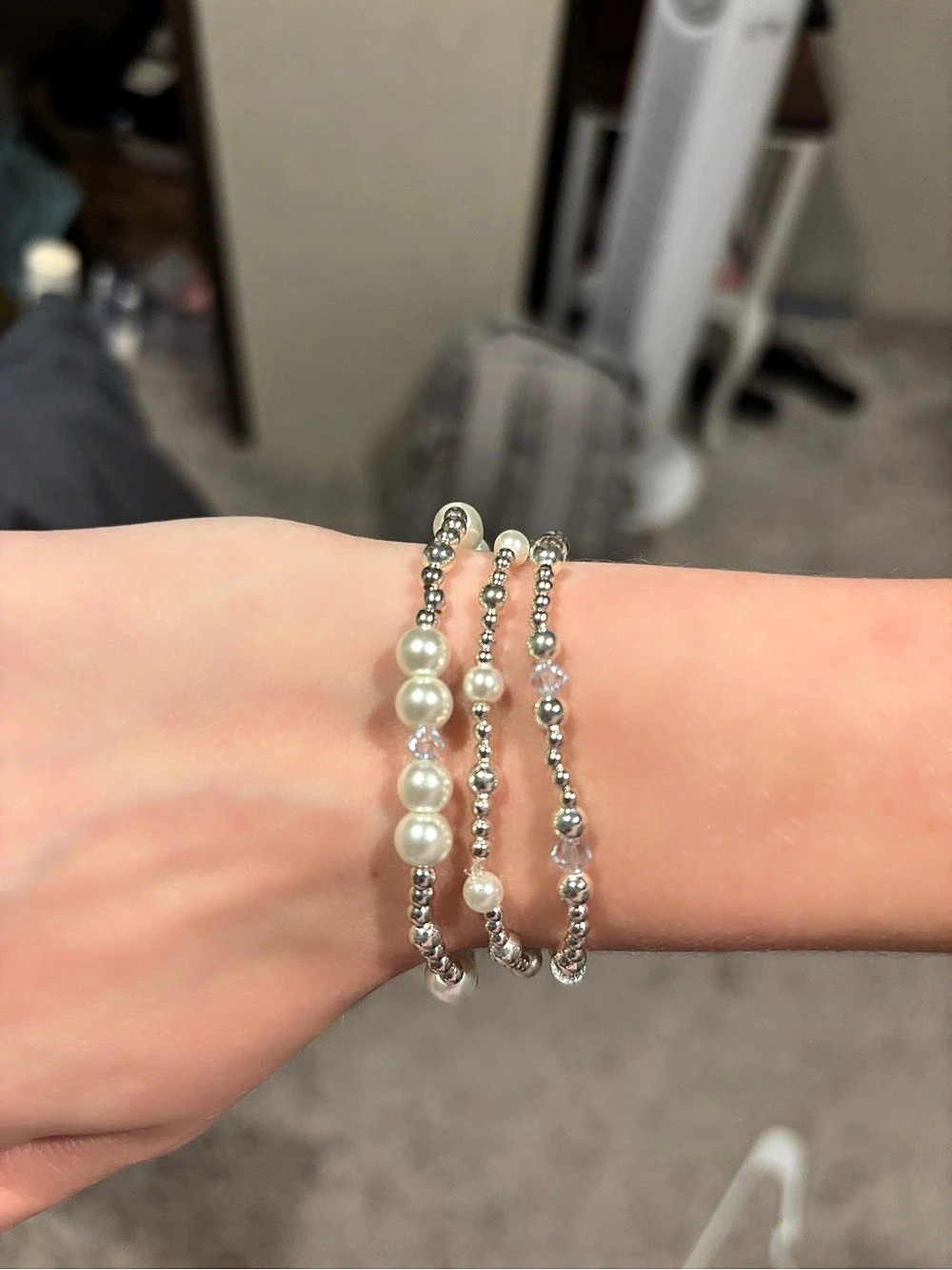 Handmade Pearl Beaded Bracelet Set Silver, Blue & White brand new